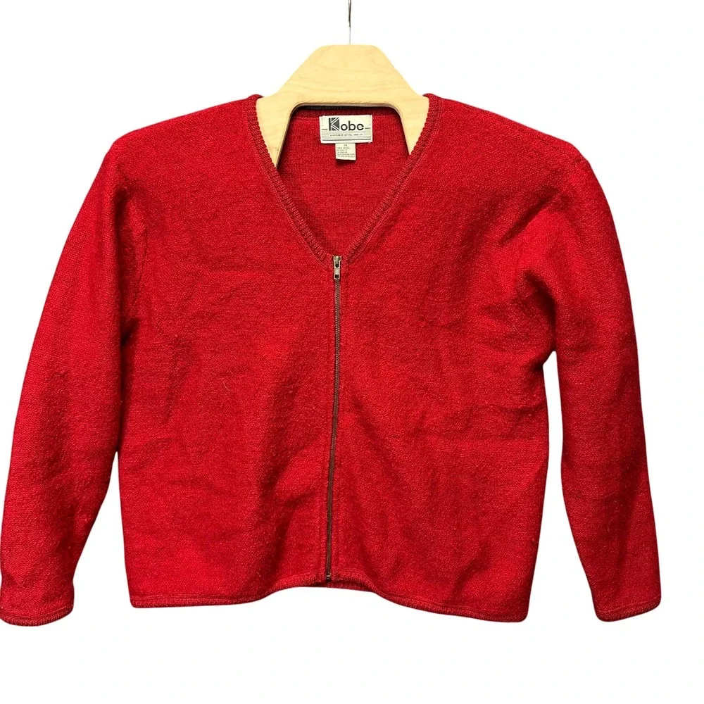 Kobe by Crystal Kobe Red 100% Wool Full Zip Cardigan Sweater Womens 1X Vintage